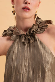 EVELEYA OLIVE MAXI SHIMMERING PLEATED DRESS