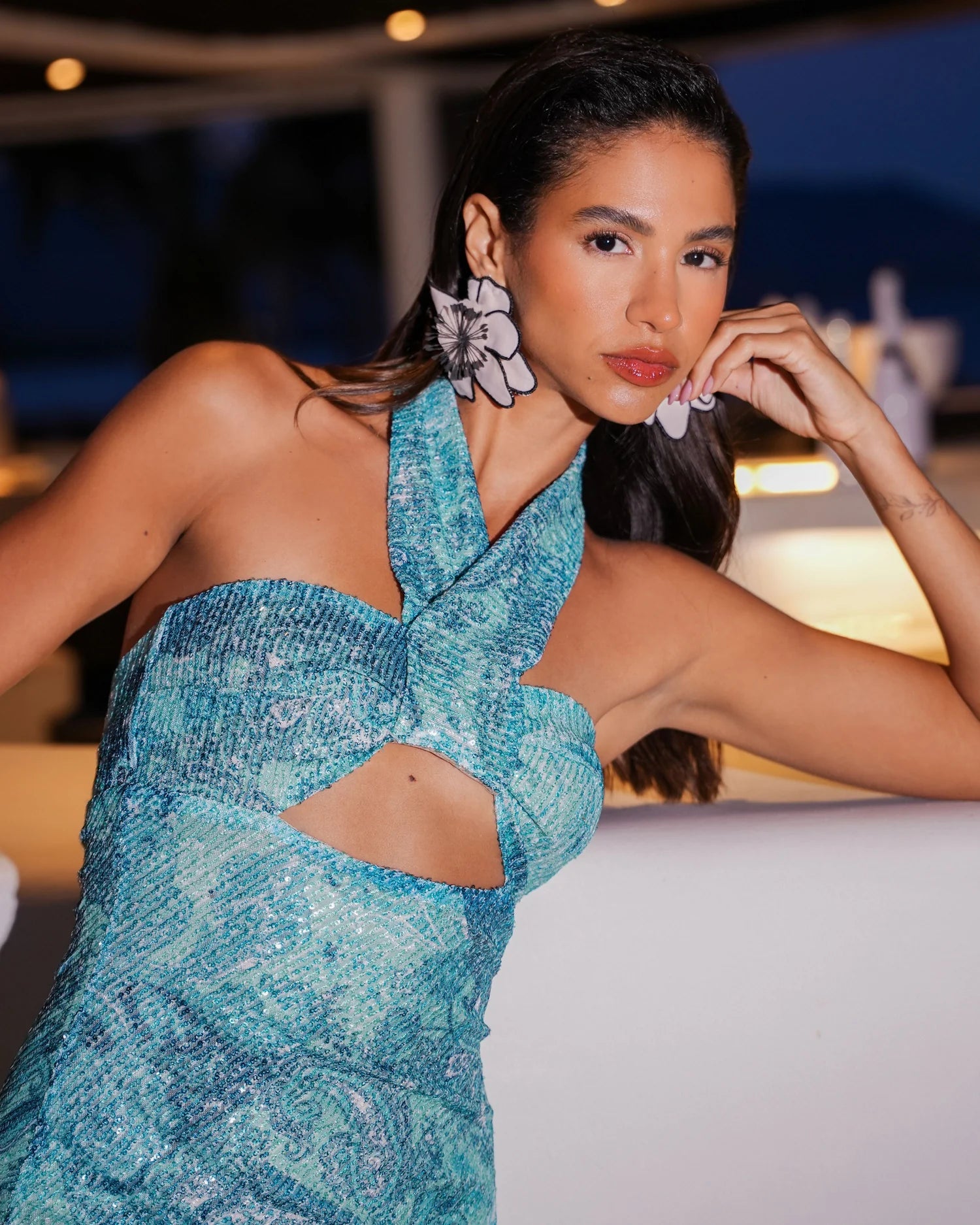EVELEYA PAISLEY WAVES MIDI SEQUINED DRESS