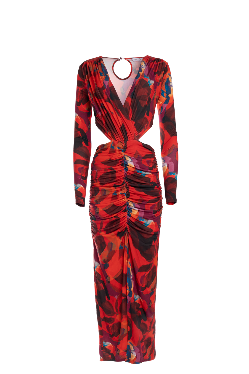 UTOPIA LONG DRESS CUT OUT LYCRA RED FLORAL