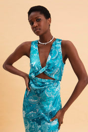 EVELEYA PAISLEY WAVES MIDI SATIN DRESS