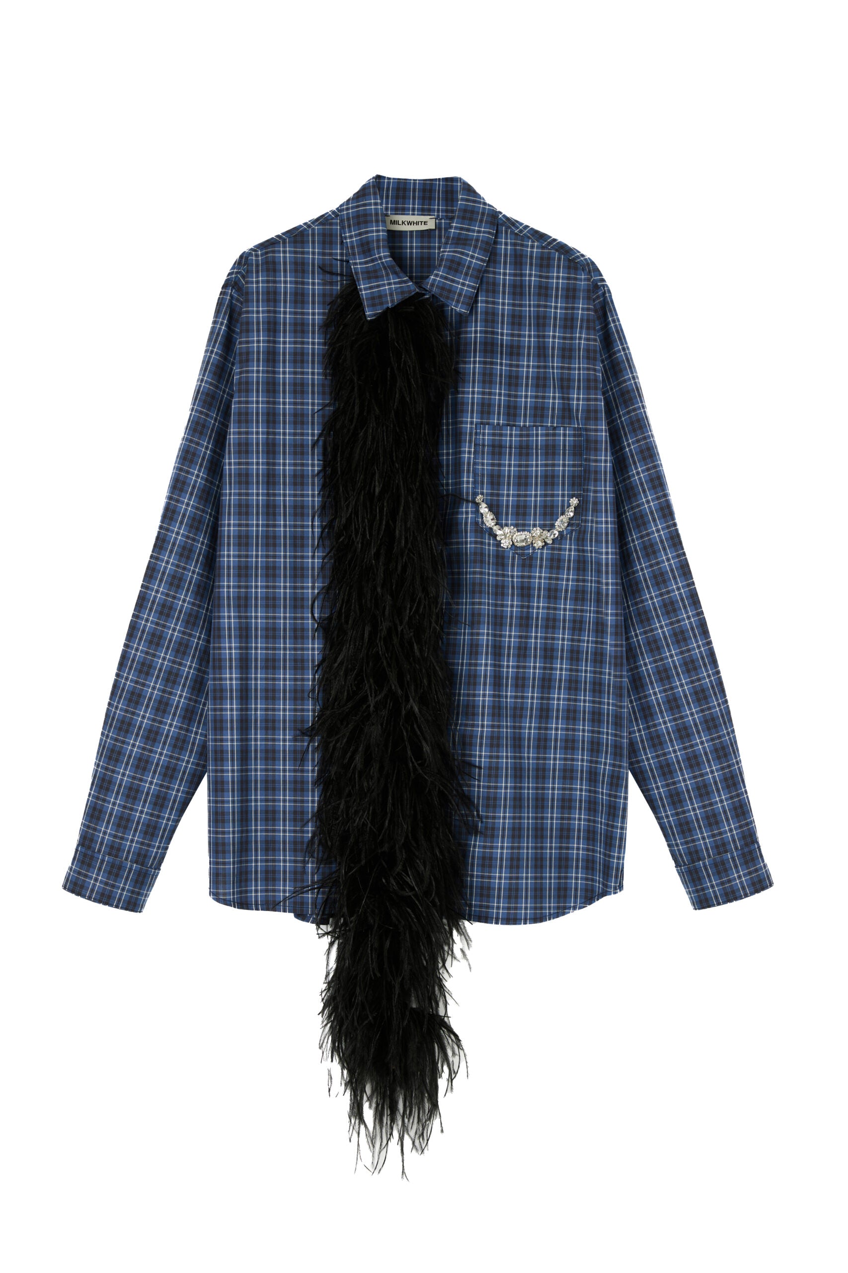 MILK WHITE OVERSIZED SHIRT WITH CRYSTALS AND FEATHER