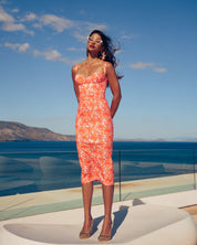EVELEYA CORAL HIBISCUS MIDI 100% COTTON DRESS