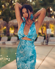 EVELEYA PAISLEY WAVES MIDI SATIN DRESS