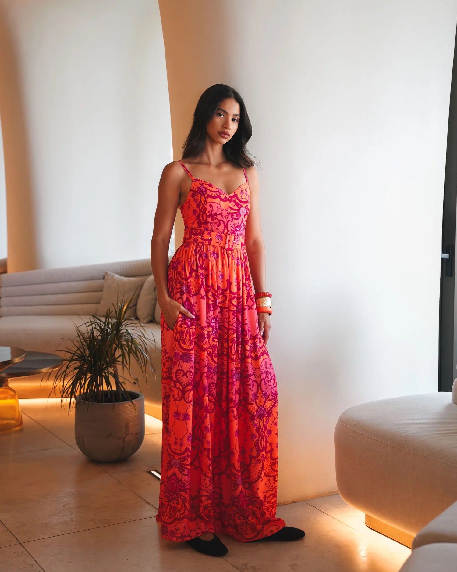 EVELEYA AMBER WAVES MAXI DRESS WITH BELT