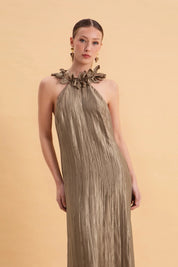 EVELEYA OLIVE MAXI SHIMMERING PLEATED DRESS