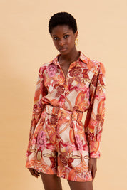 FLORAL SAFARI HIGH WAISTED LINEN SHORTS WITH BELT