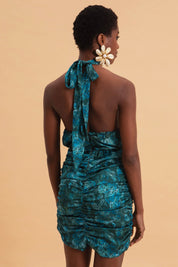 EVELEYA TEAL ELEGANCE MINI SATIN HALTERNECK DRESS