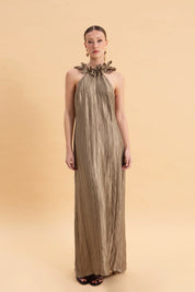 EVELEYA OLIVE MAXI SHIMMERING PLEATED DRESS
