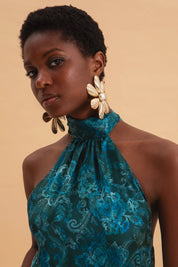 EVELEYA TEAL ELEGANCE MINI SATIN HALTERNECK DRESS