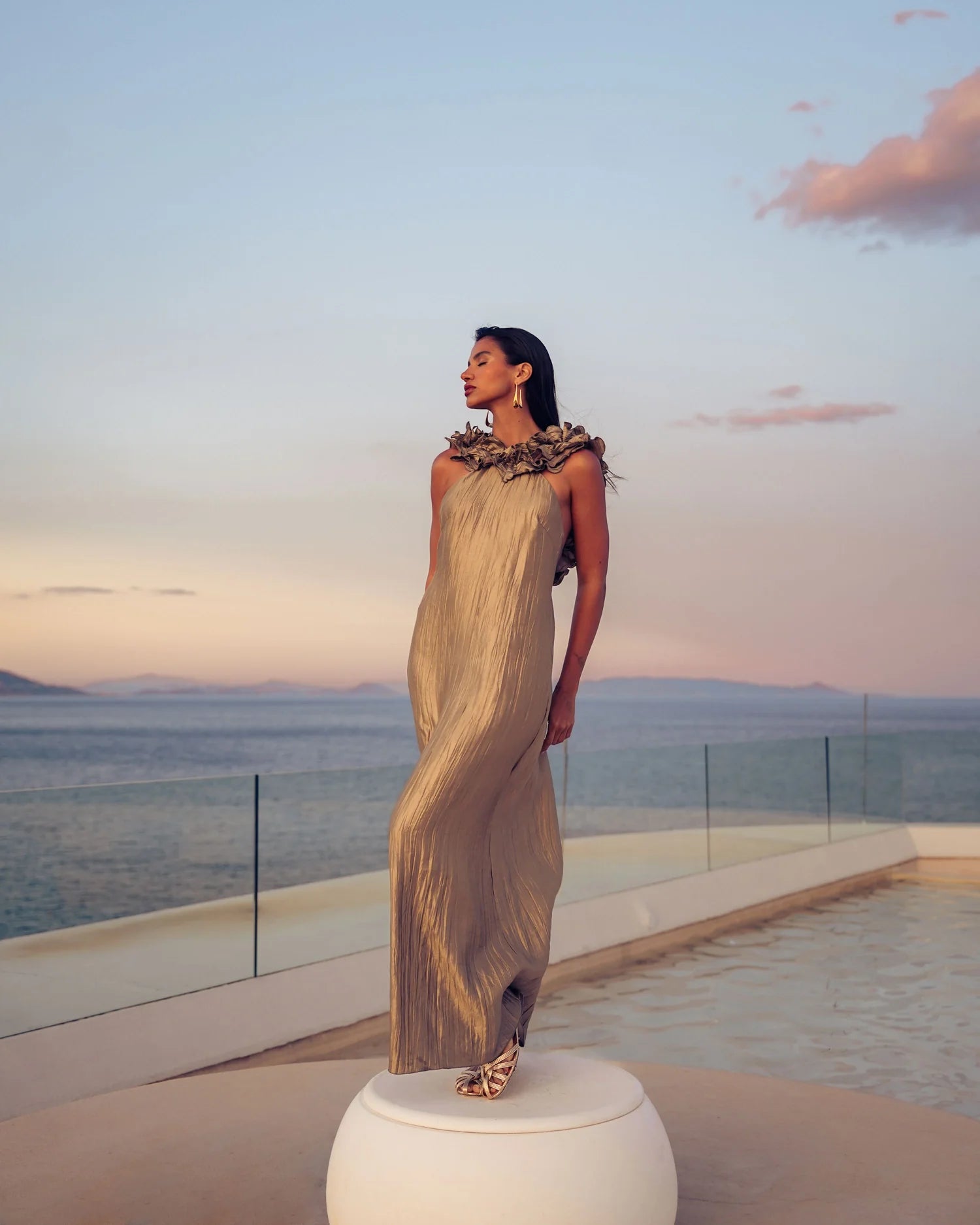 EVELEYA OLIVE MAXI SHIMMERING PLEATED DRESS