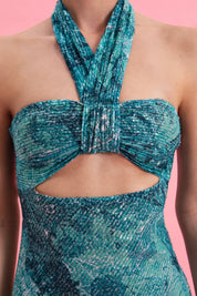 EVELEYA PAISLEY WAVES MIDI SEQUINED DRESS