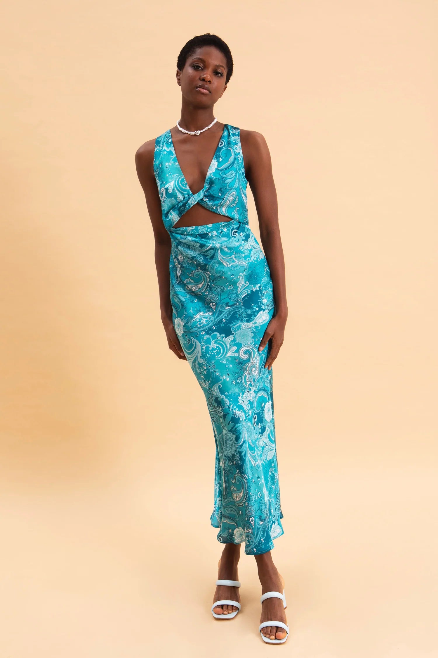 EVELEYA PAISLEY WAVES MIDI SATIN DRESS