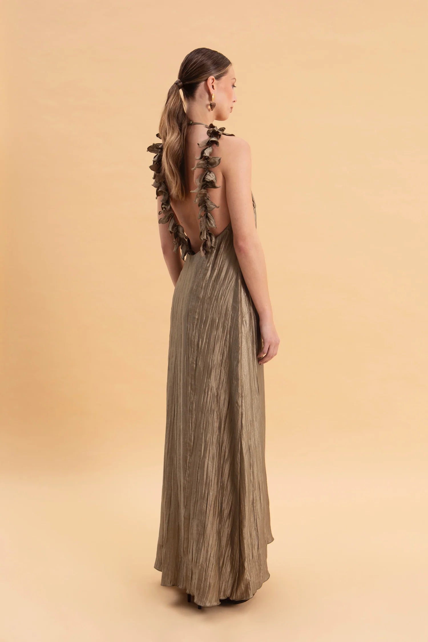 EVELEYA OLIVE MAXI SHIMMERING PLEATED DRESS