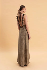 EVELEYA OLIVE MAXI SHIMMERING PLEATED DRESS