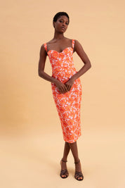 EVELEYA CORAL HIBISCUS MIDI 100% COTTON DRESS