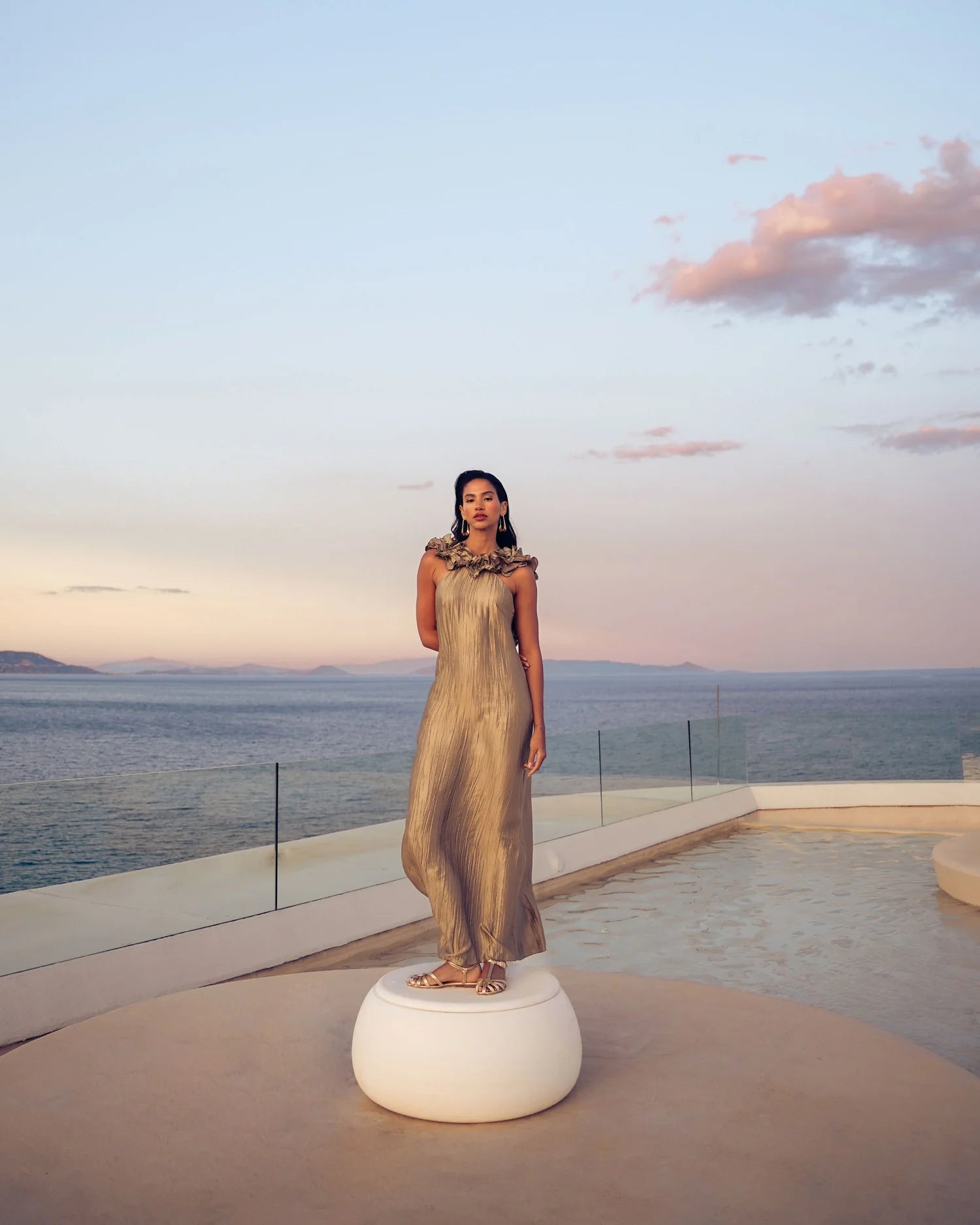 EVELEYA OLIVE MAXI SHIMMERING PLEATED DRESS