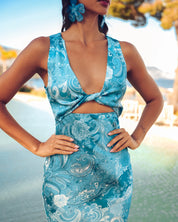 EVELEYA PAISLEY WAVES MIDI SATIN DRESS