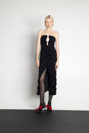 EVE LONG STRAPLESS DRESS WITH GOLD METAL DETAIL BLACK