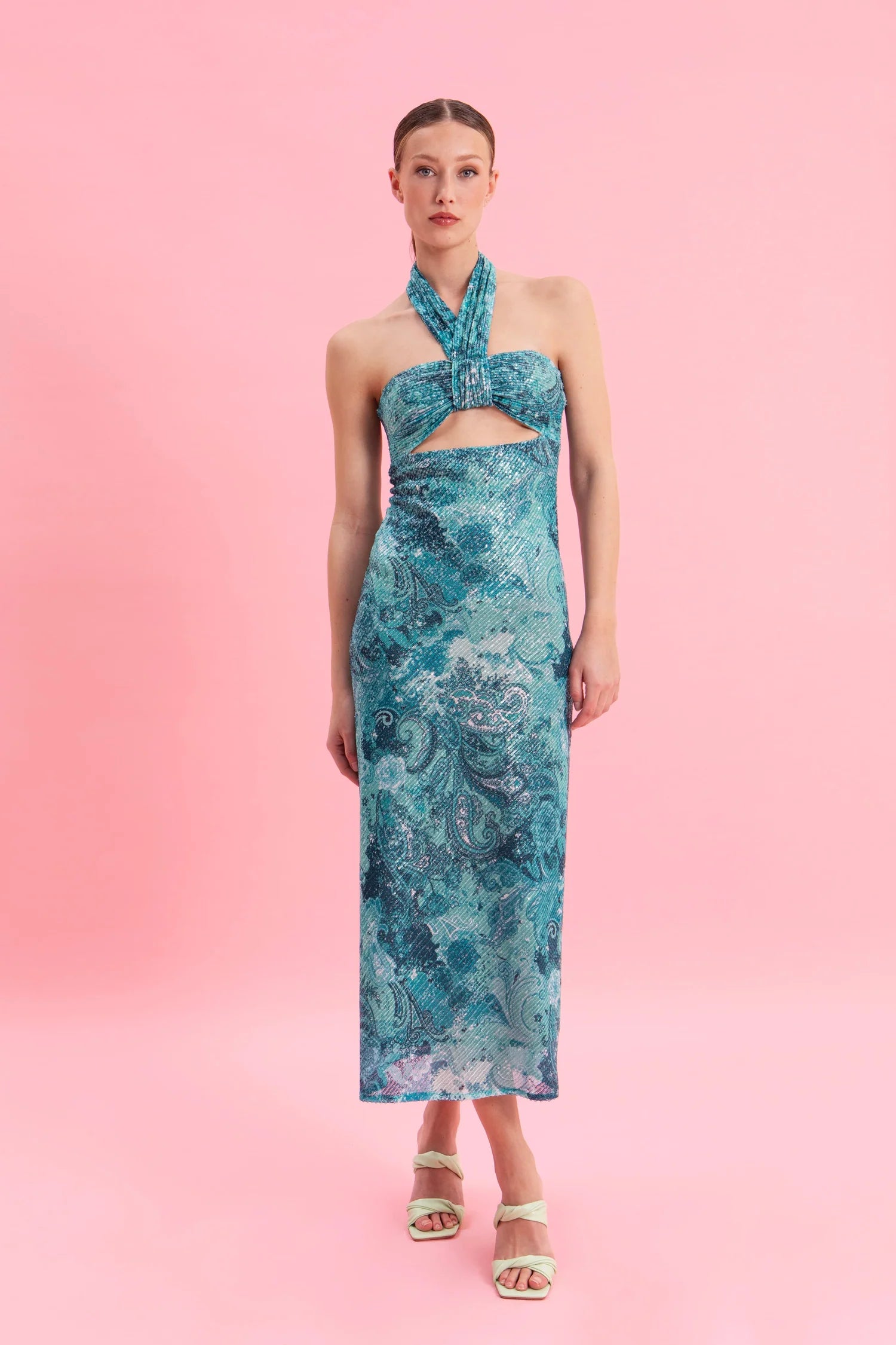 EVELEYA PAISLEY WAVES MIDI SEQUINED DRESS