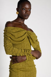 HARMONY KNIT DRESS OFF SHOULDER  OLIVE LUREX