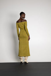 HARMONY KNIT DRESS OFF SHOULDER  OLIVE LUREX