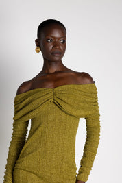 HARMONY KNIT DRESS OFF SHOULDER  OLIVE LUREX