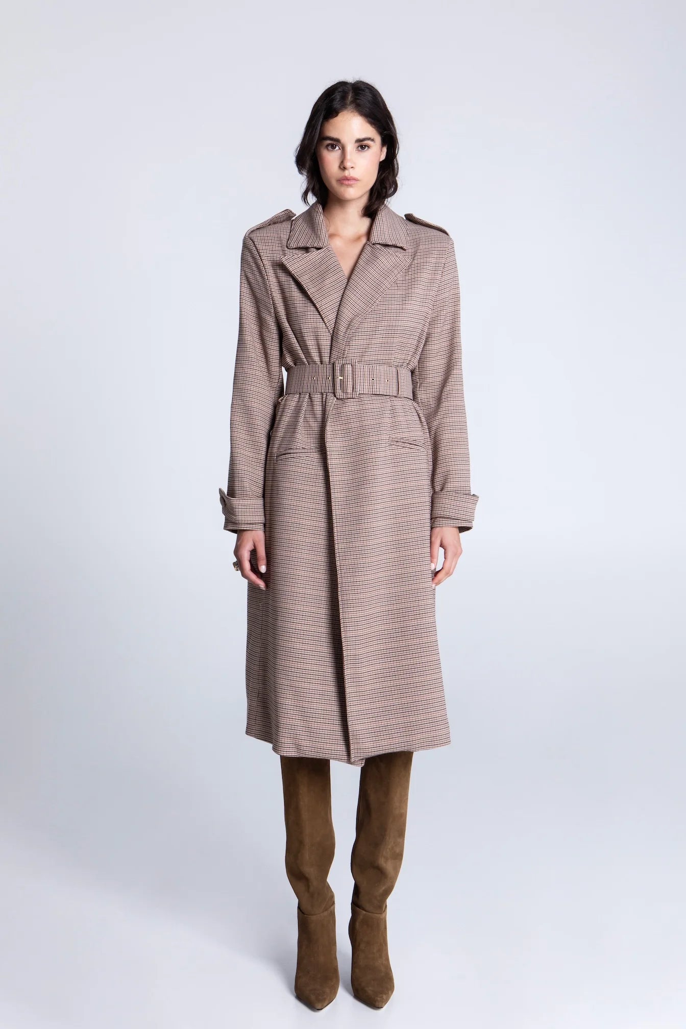 EVELEYA OXFORD PLAID TRENCH COAT