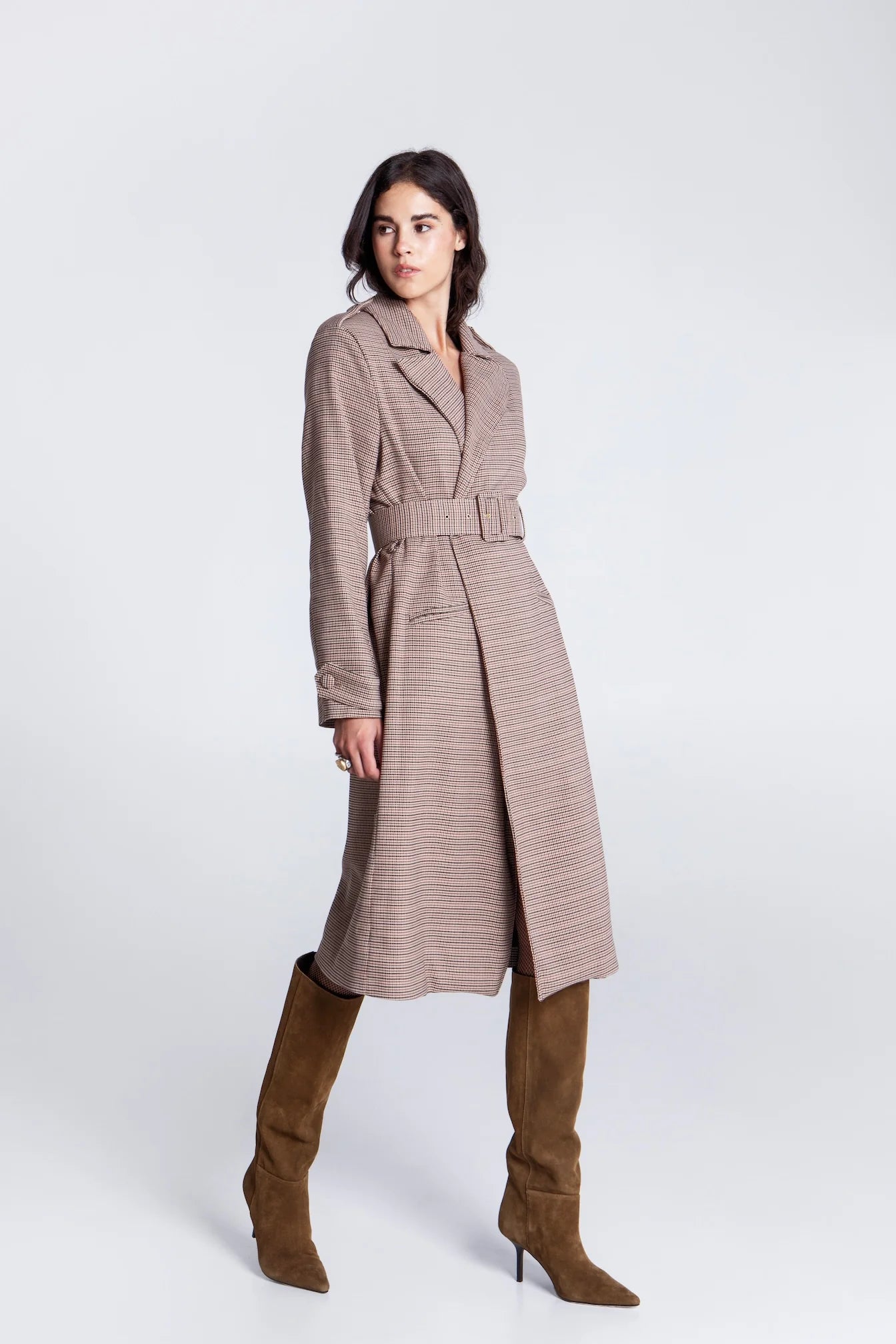 EVELEYA OXFORD PLAID TRENCH COAT