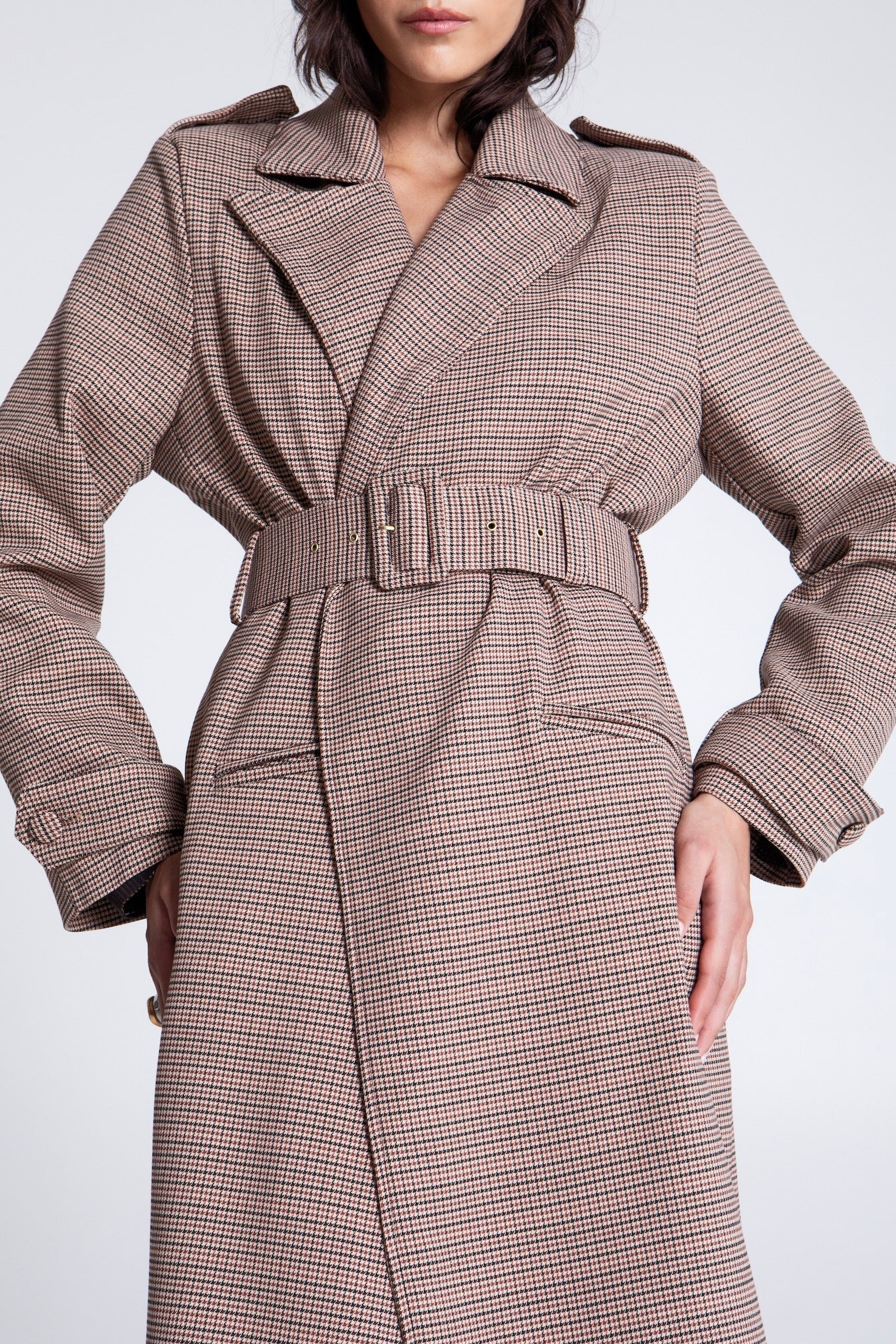 EVELEYA OXFORD PLAID TRENCH COAT