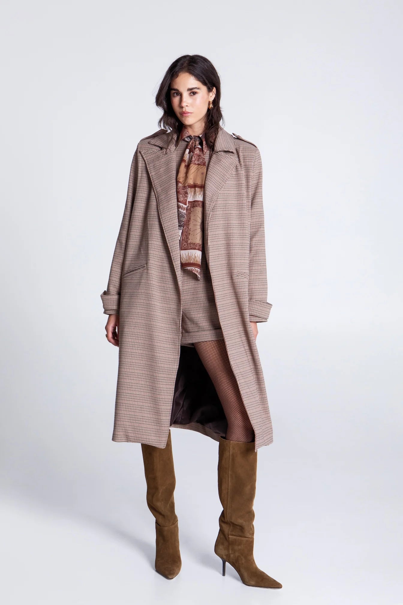 EVELEYA OXFORD PLAID TRENCH COAT
