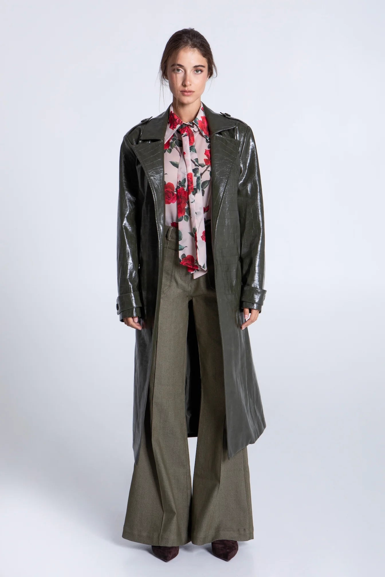 EVELEYA OLIVE CROCO TRENCH COAT