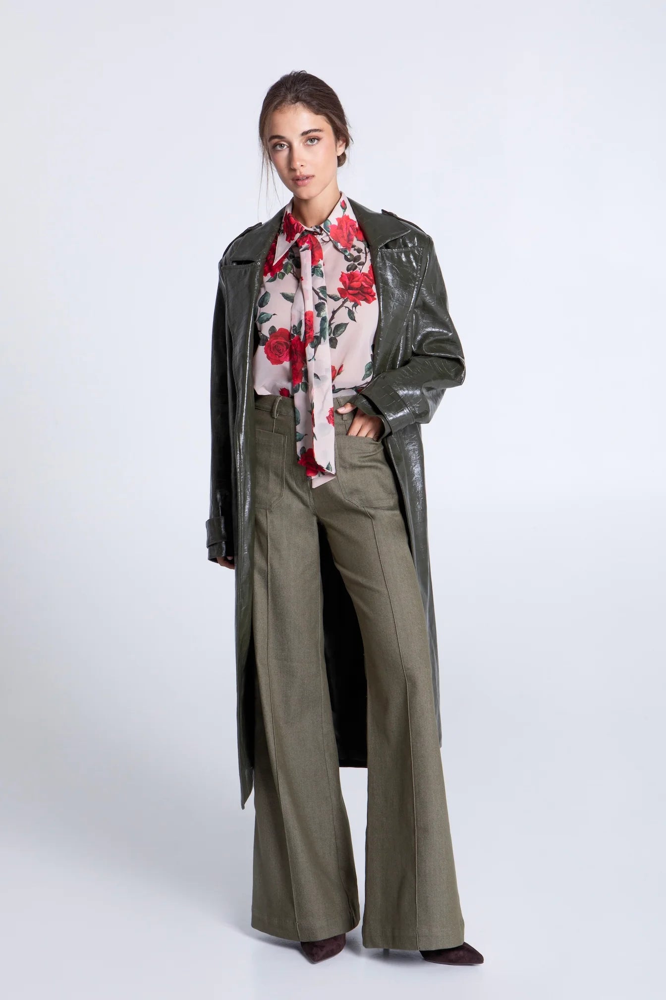 EVELEYA OLIVE CROCO TRENCH COAT