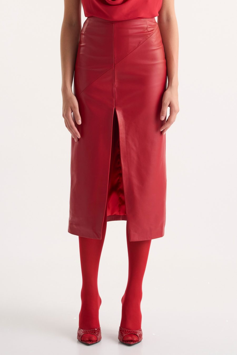 RED LEATHER MIDI SKIRT