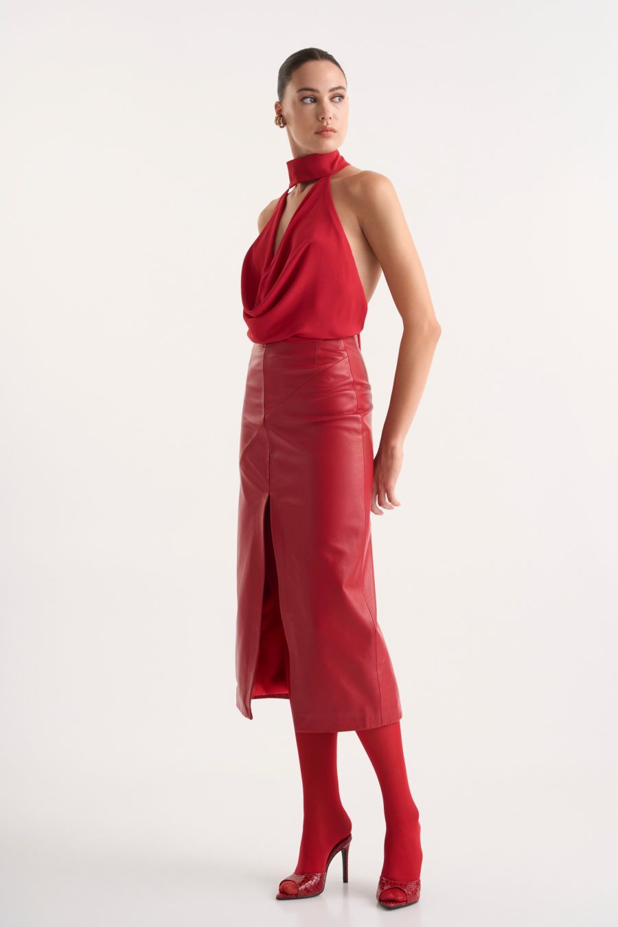 RED LEATHER MIDI SKIRT